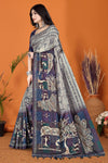 Warli Digital Print Geometric Tussar Silk Saree (Grey & Purple)