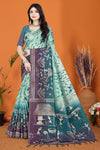 Warli Digital Print Geometric Tussar Silk Saree (Rama & Purple)