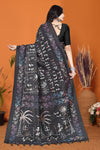 Warli Digital Print Geometric Tussar Silk Saree (Black)