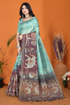 Warli Digital Print Geometric Tussar Silk Saree (Light Blue & Purple)