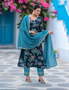 Designer Handwork with Printed Kurti & Pant Set with Lace Border Dupatta